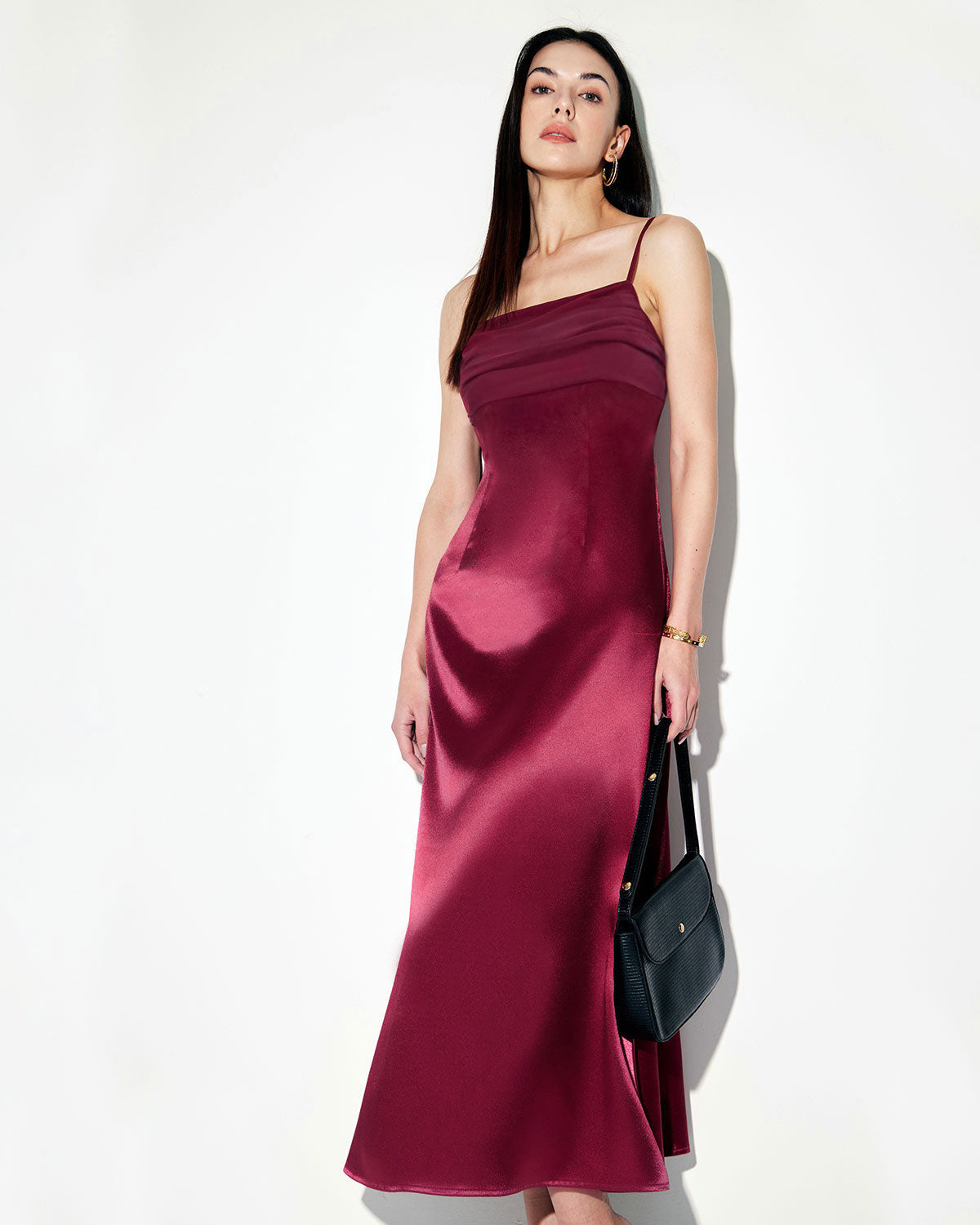Shewess Kırmızı Saten Kare Yaka Slip Maxi Elbise