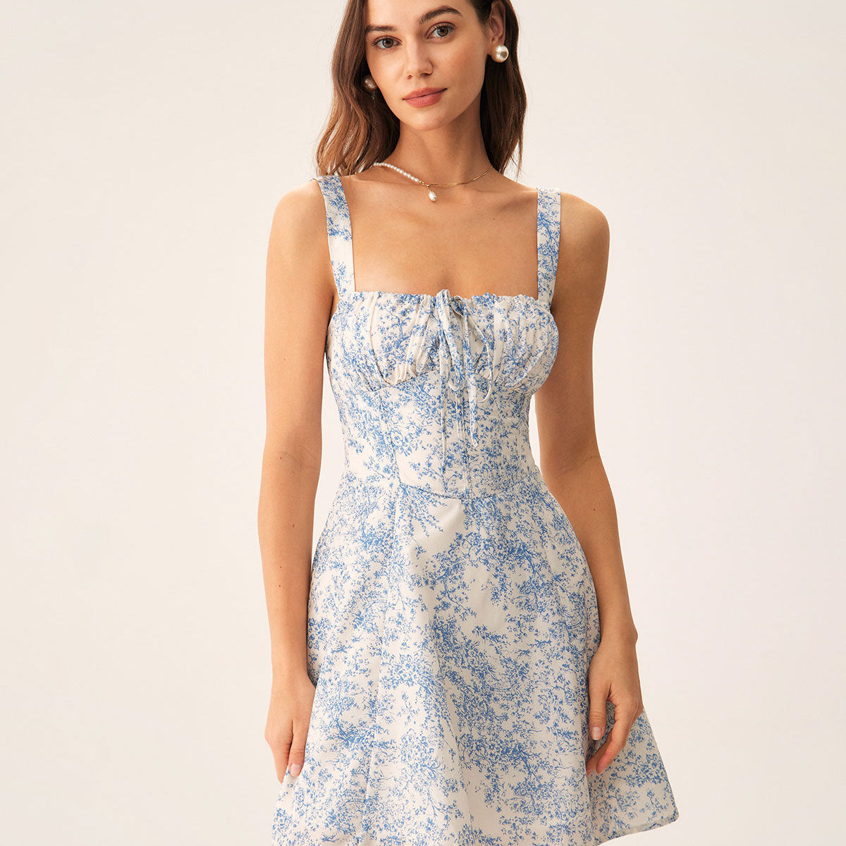Shewess Mavi Çiçekli Dantelli Slip Korse Mini Elbise