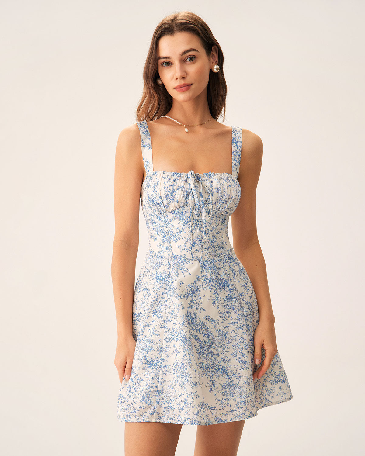 Shewess Mavi Çiçekli Dantelli Slip Korse Mini Elbise