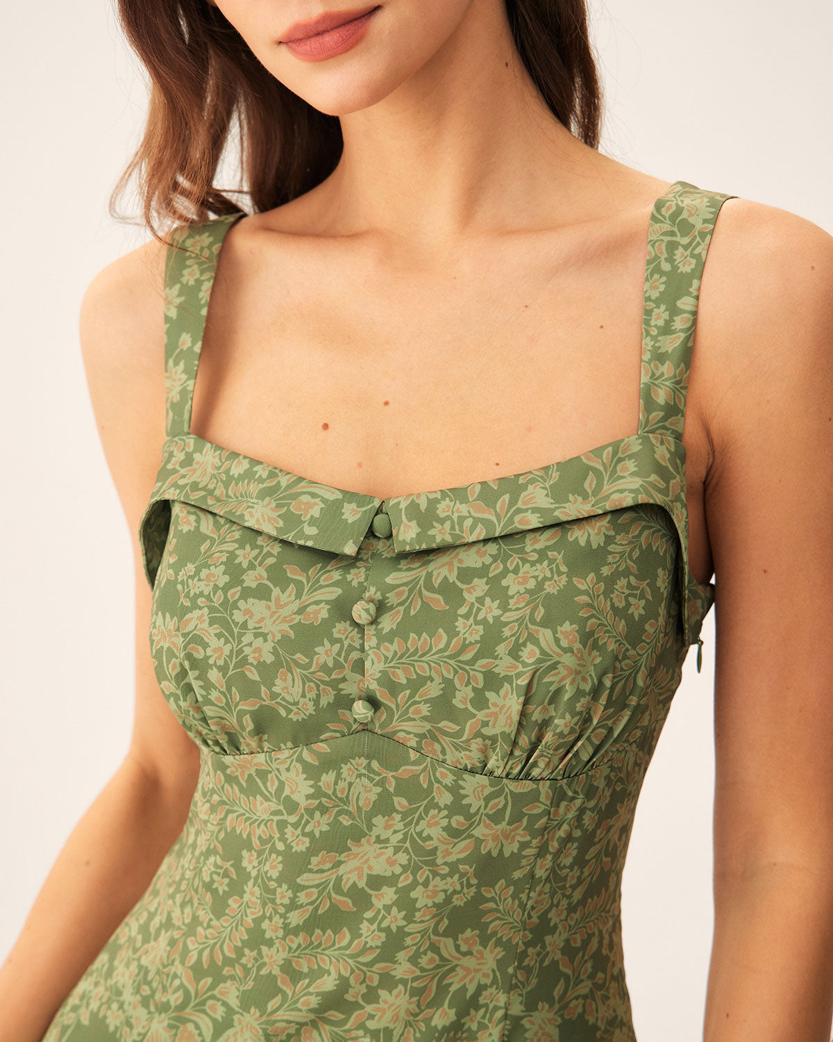 Shewess™ Yeşil Çiçekli Kare Yaka Slip Midi Elbise