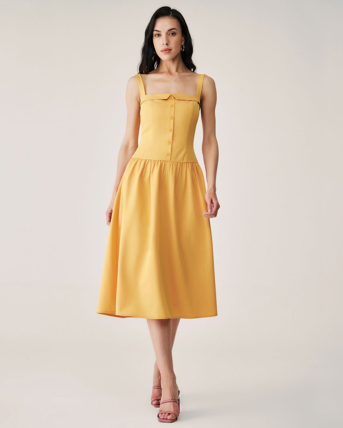 Shewess™ Sarı Düğmeli Pileli Slip Midi Elbise