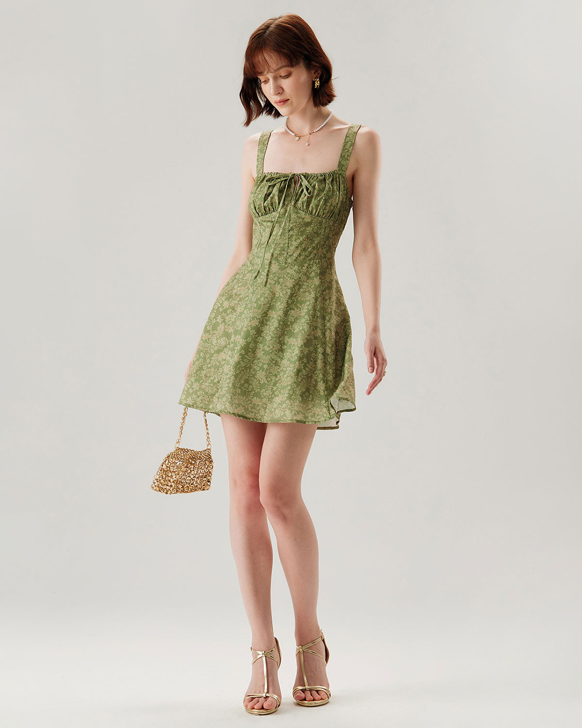 Shewess™ Yeşil Çiçekli Dantelli Slip Mini Elbise
