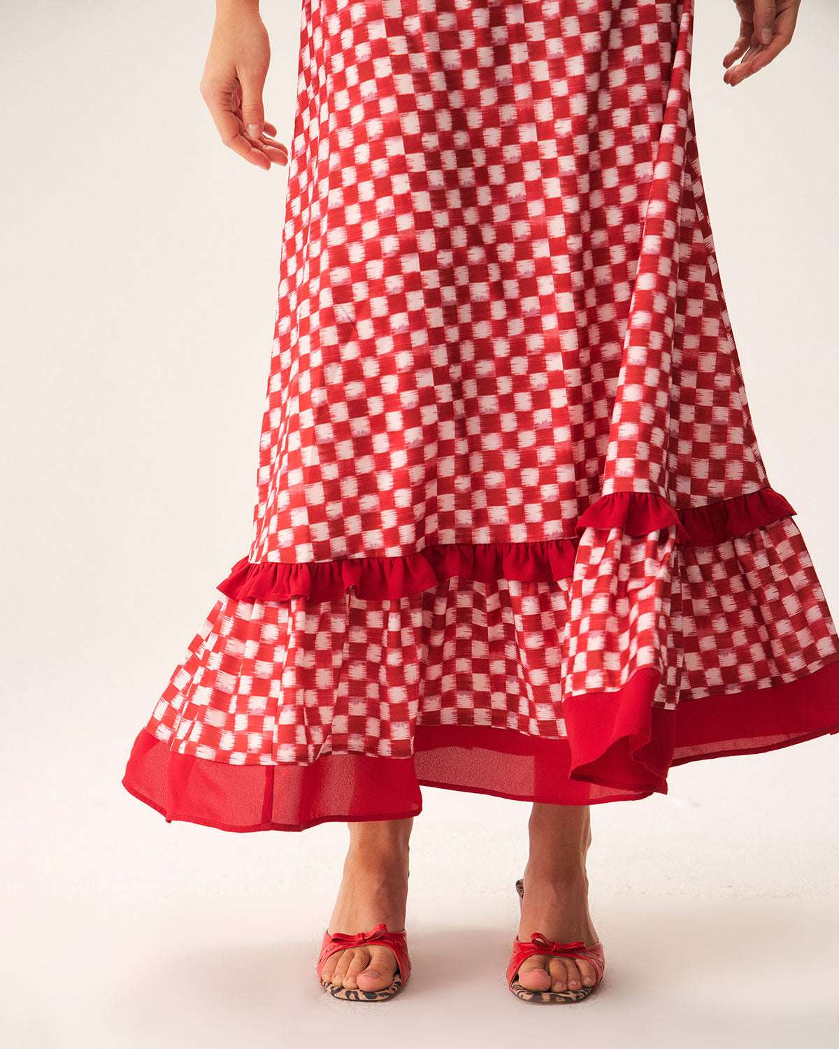 Shewess™ Kırmızı Geometrik Fırfırlı Slip Maxi Elbise