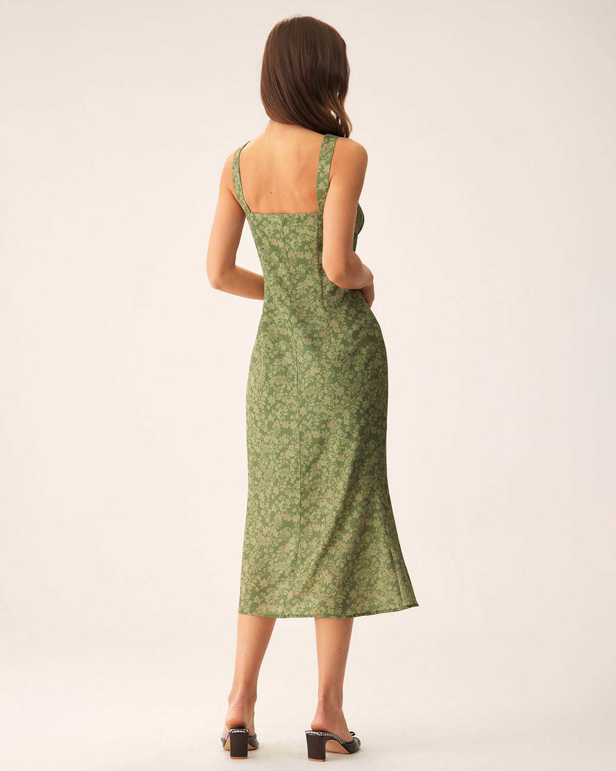 Shewess™ Yeşil Çiçekli Kare Yaka Slip Midi Elbise