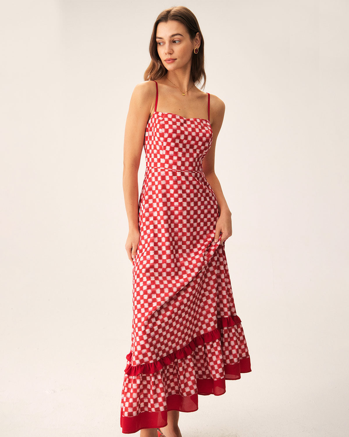 Shewess™ Kırmızı Geometrik Fırfırlı Slip Maxi Elbise