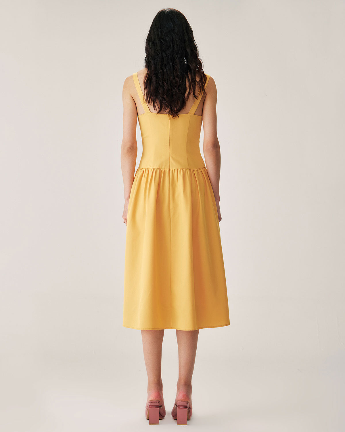 Shewess™ Sarı Düğmeli Pileli Slip Midi Elbise