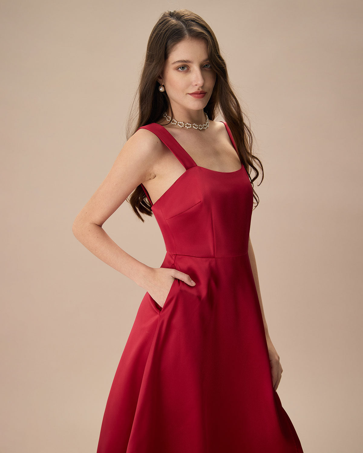 Shewess™ Kadın Kırmızı Saten Slip Midi Elbise