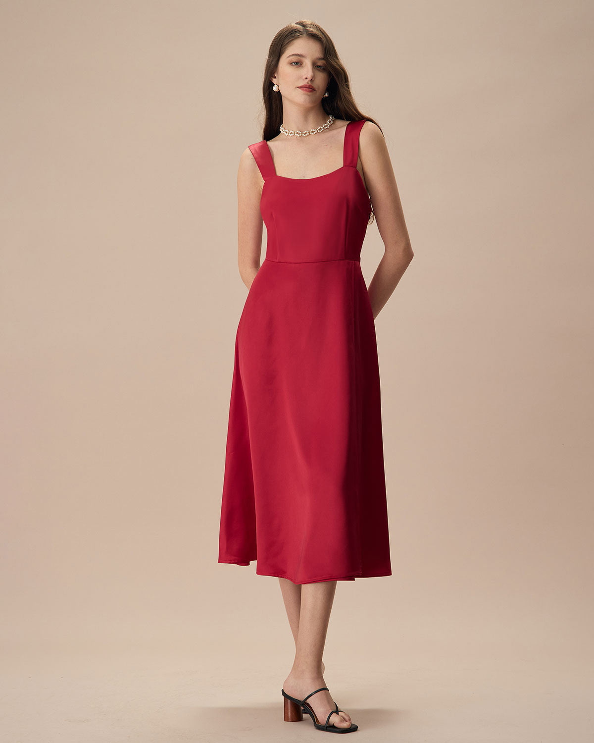 Shewess™ Kadın Kırmızı Saten Slip Midi Elbise