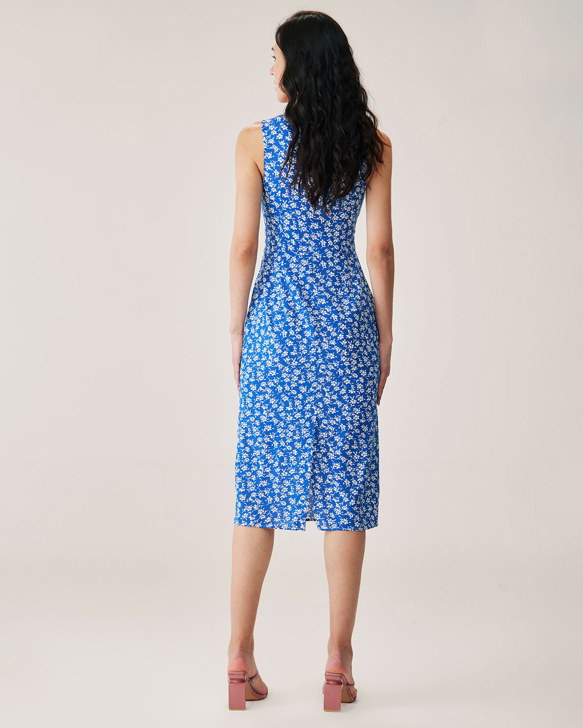 Shewess™ Mavi Çiçekli Yırtmaçlı Slip Midi Elbise