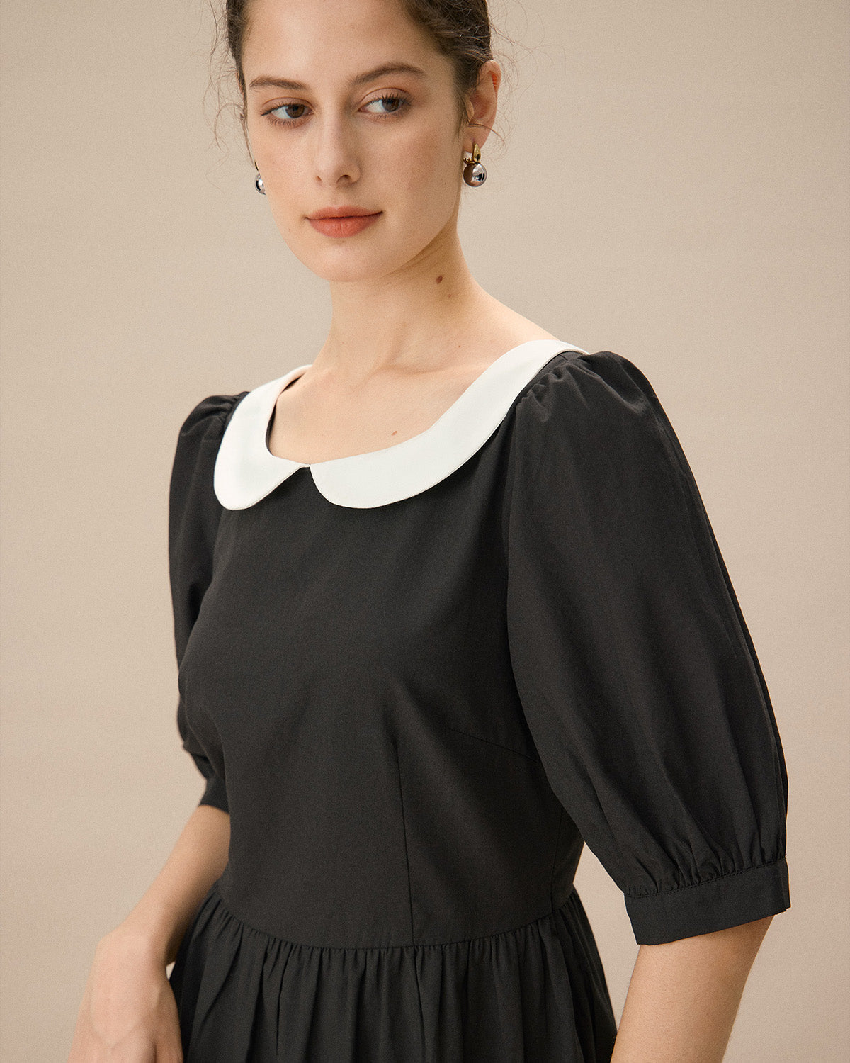 Shewess™ Siyah Kontrast Kolları Kabarık Uzun Elbise