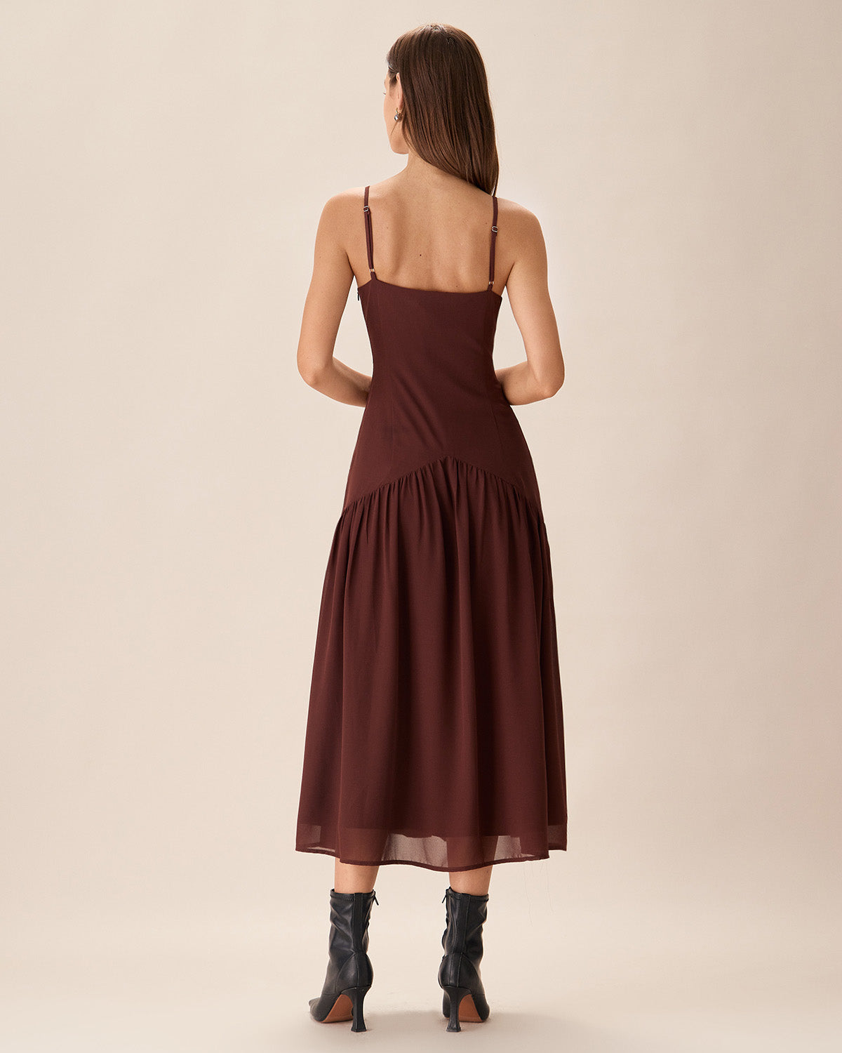 Shewess Kahverengi Şifon Dantelli Slip Midi Elbise