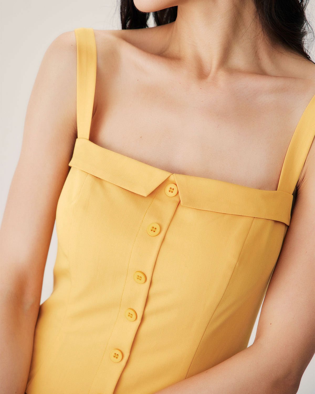 Shewess™ Sarı Düğmeli Pileli Slip Midi Elbise