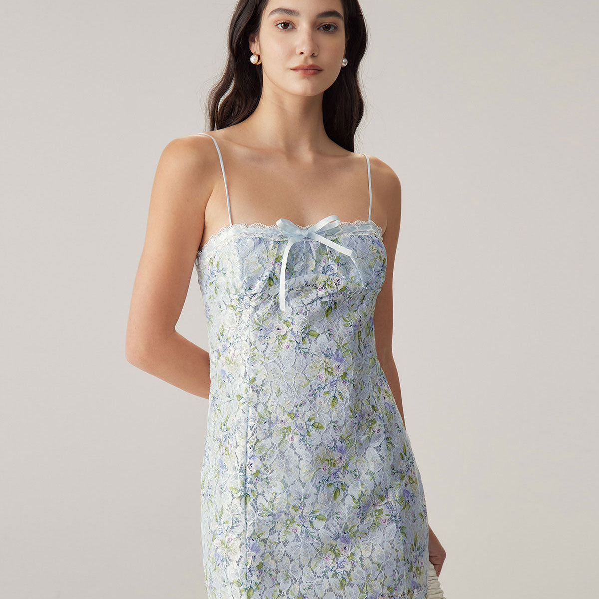 Shewess™ Mavi Çiçekli Dantel Slip Mini Elbise