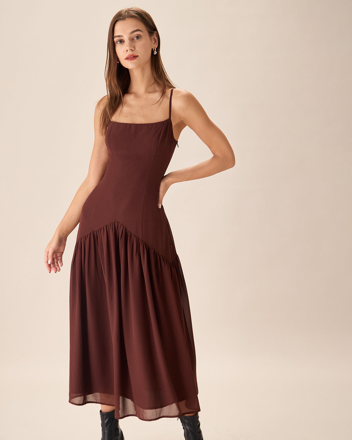 Shewess Kahverengi Şifon Dantelli Slip Midi Elbise
