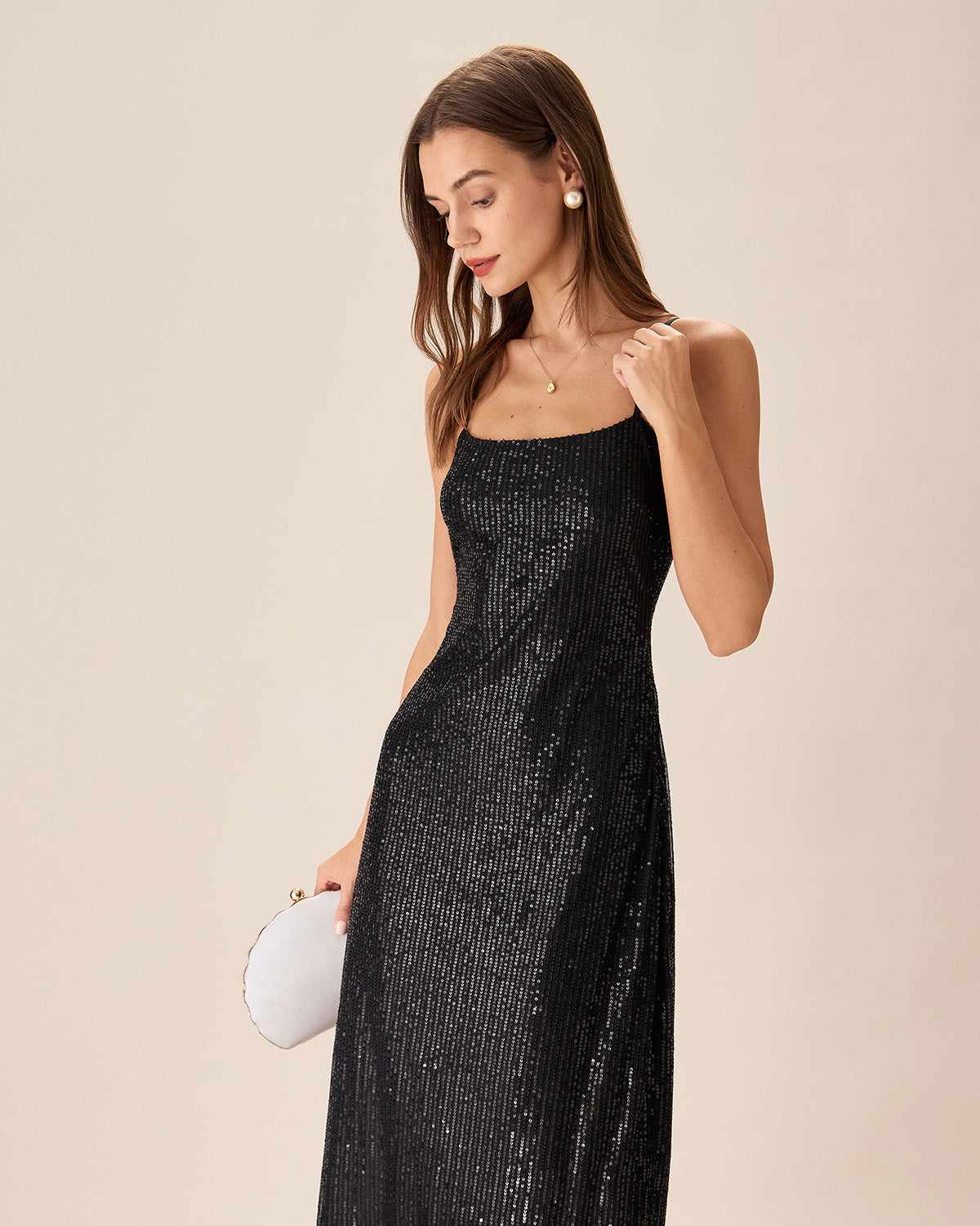 Shewess Siyah Payet Bodycon Yırtmaçlı Maxi Elbise