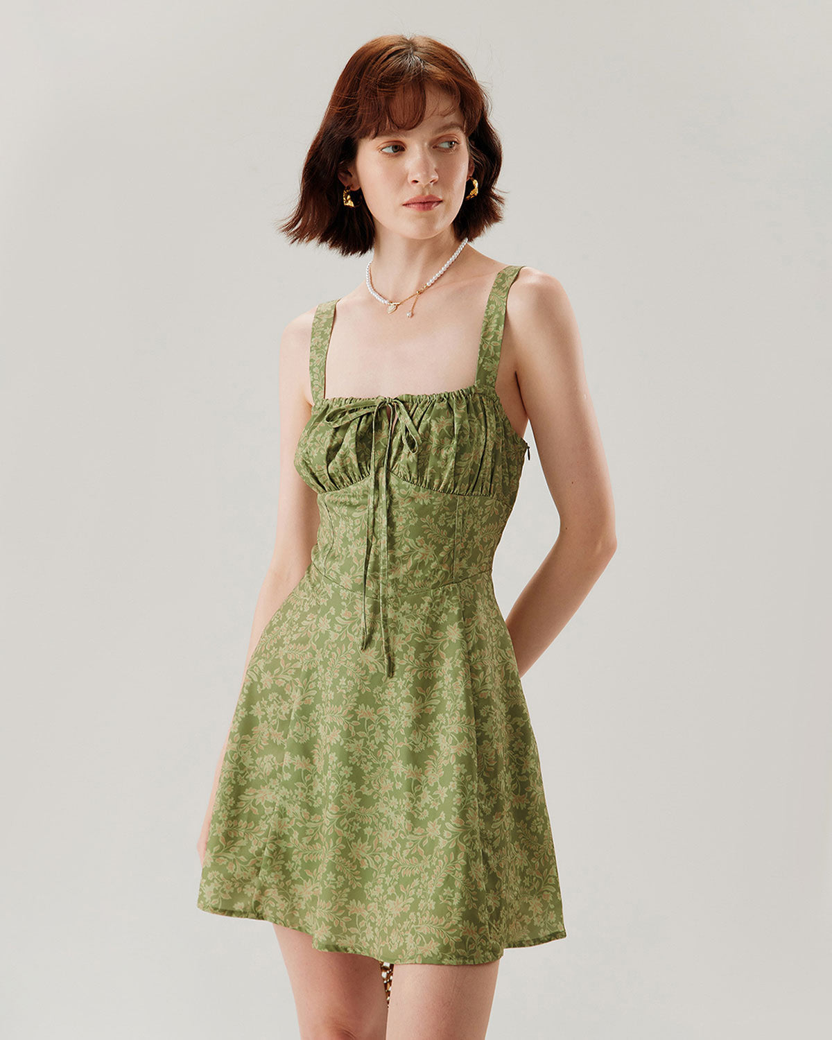 Shewess™ Yeşil Çiçekli Dantelli Slip Mini Elbise