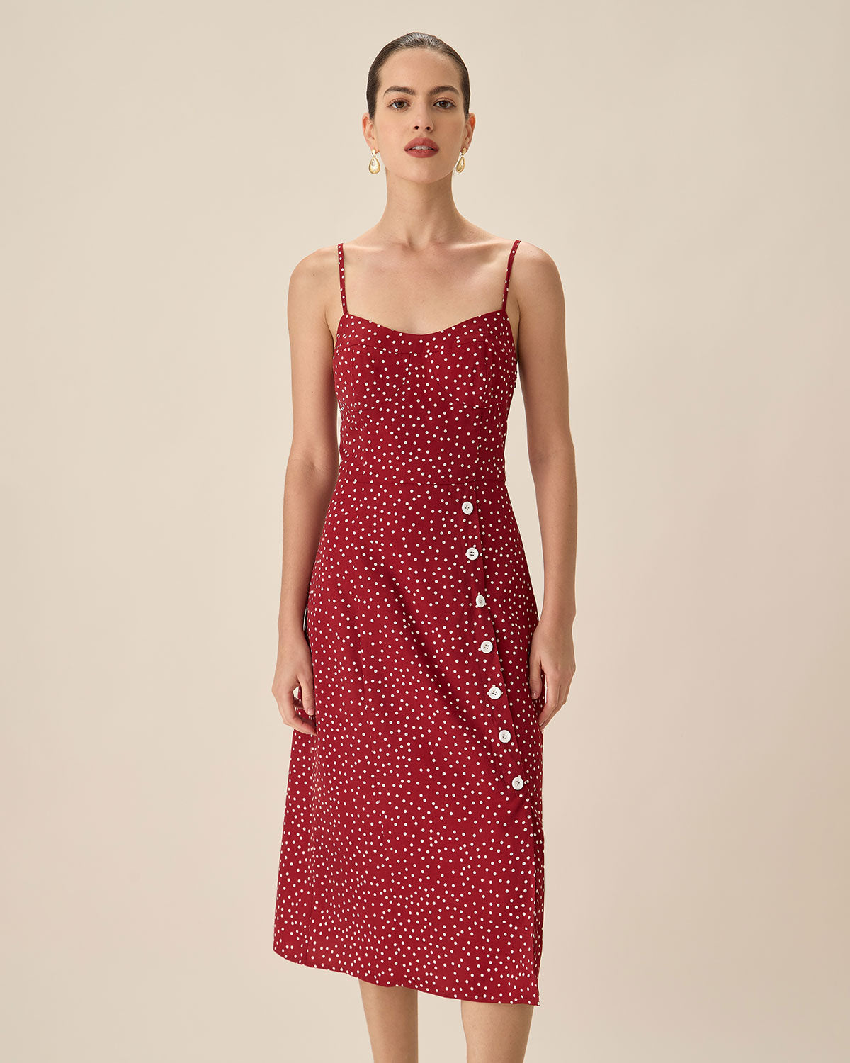 Shewess™ Kırmızı Puantiyeli Slip Midi Elbise