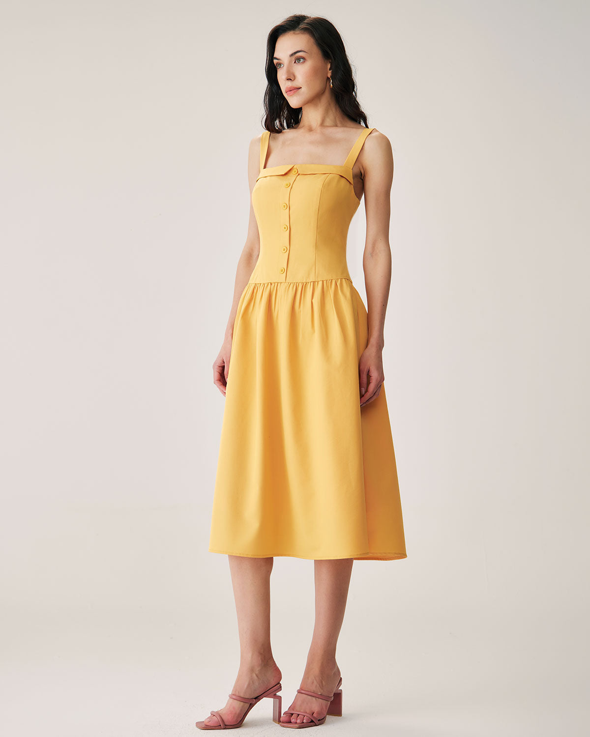 Shewess™ Sarı Düğmeli Pileli Slip Midi Elbise