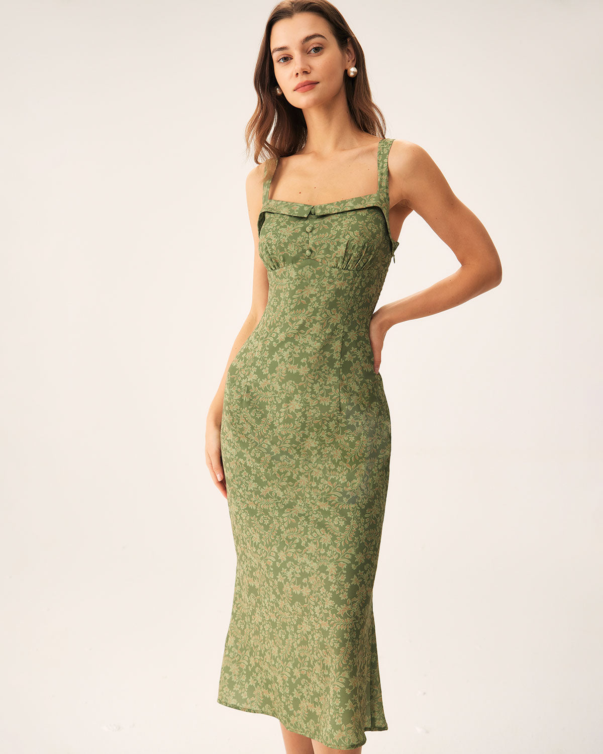 Shewess™ Yeşil Çiçekli Kare Yaka Slip Midi Elbise