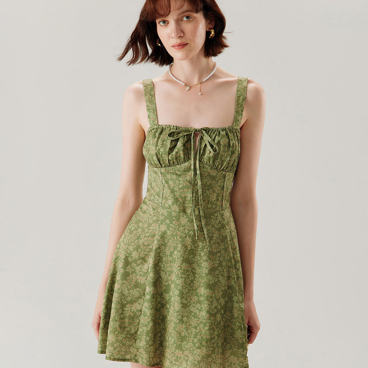 Shewess™ Yeşil Çiçekli Dantelli Slip Mini Elbise