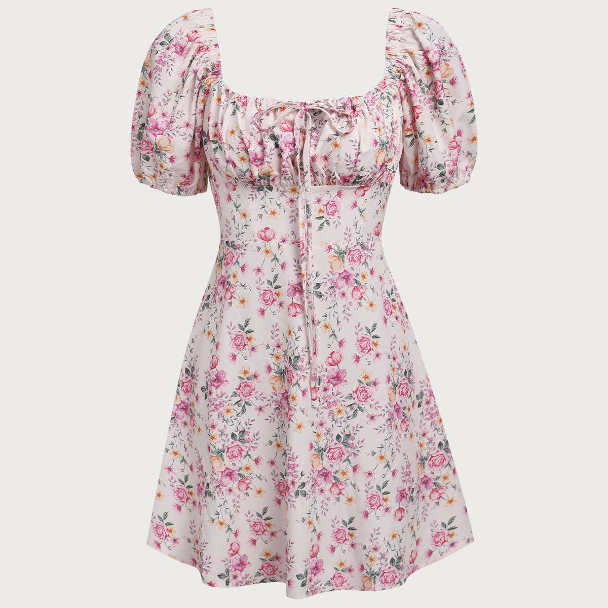 Shewess Pembe Çiçekli Kare Yaka Dantelli Mini Elbise