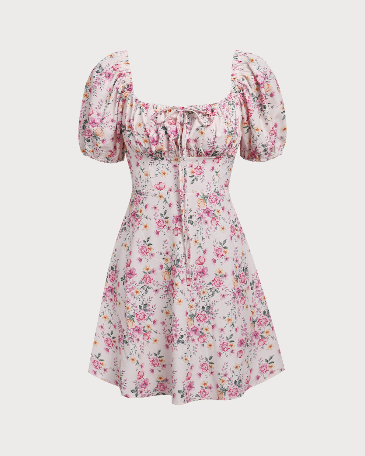 Shewess Pembe Çiçekli Kare Yaka Dantelli Mini Elbise