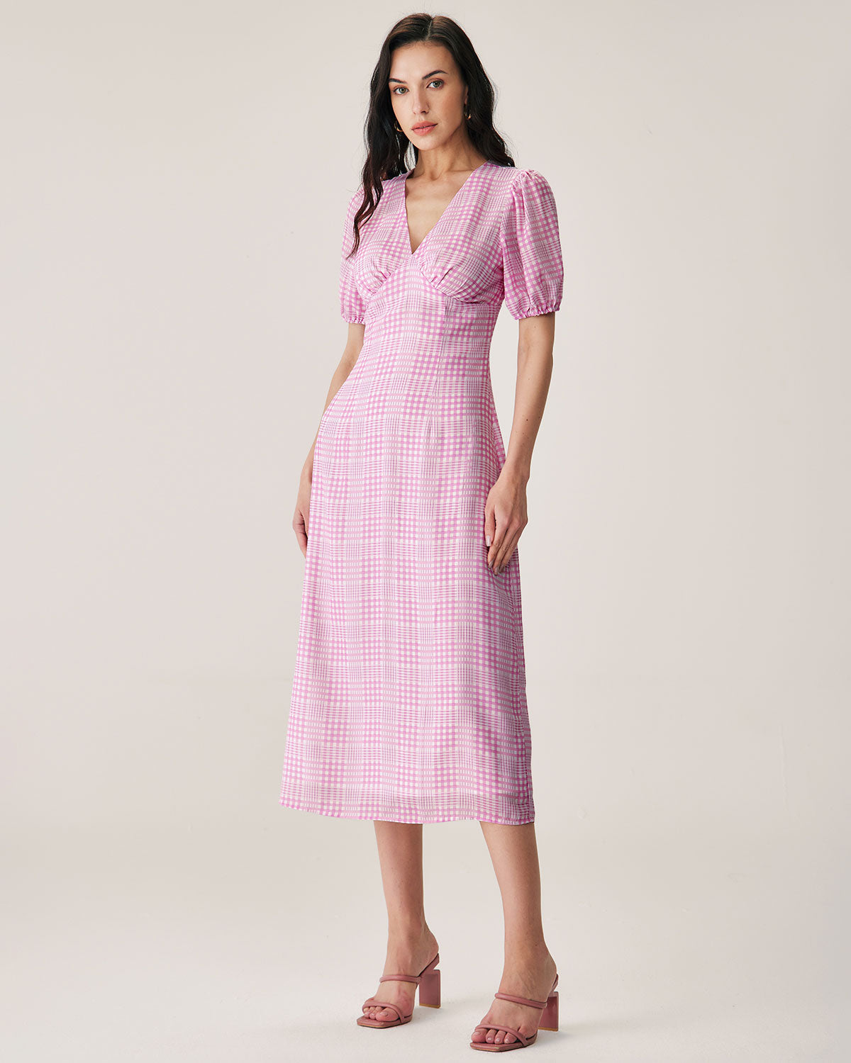 Shewess™ Pembe Ekose V Yaka Midi Elbise