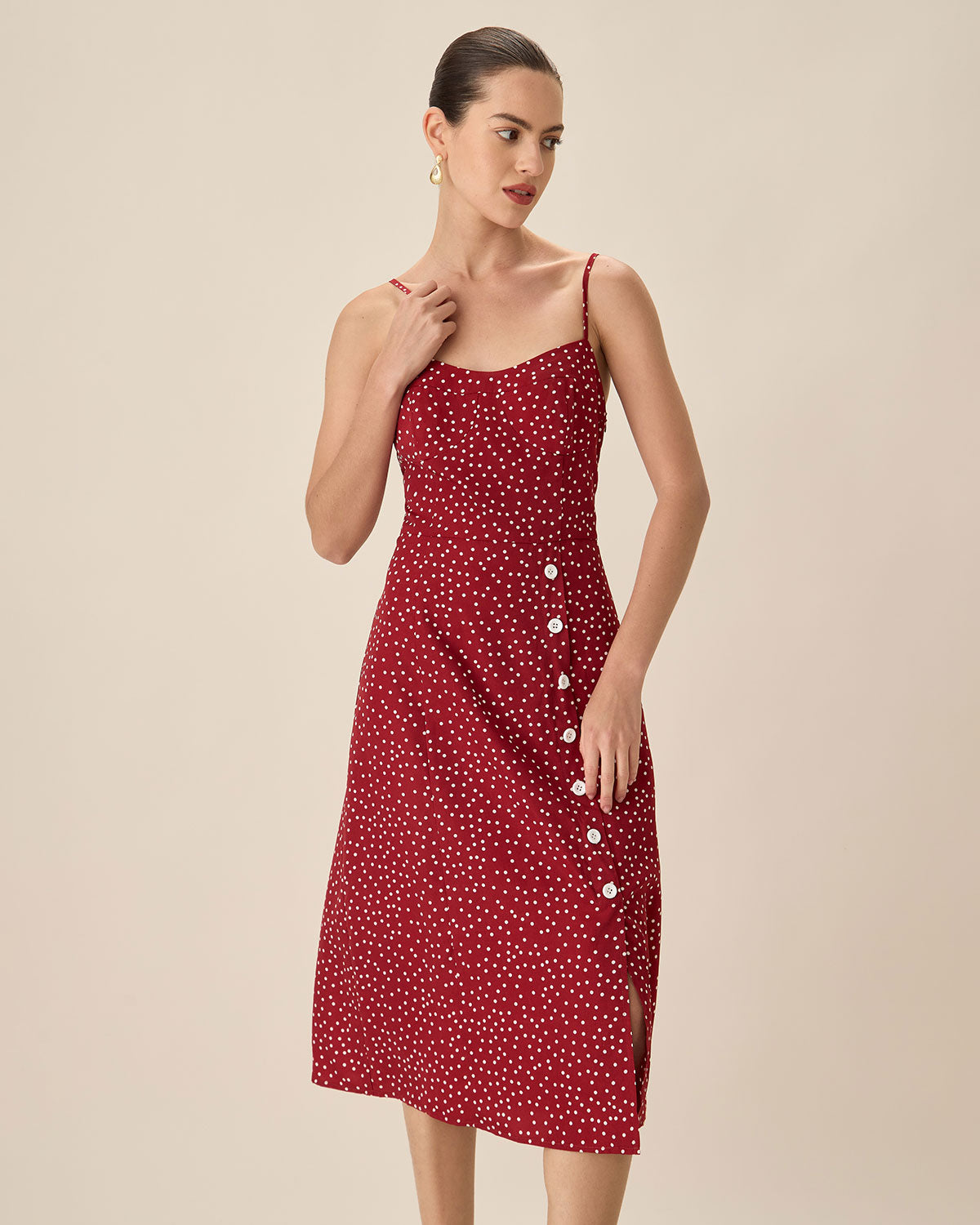Shewess™ Kırmızı Puantiyeli Slip Midi Elbise