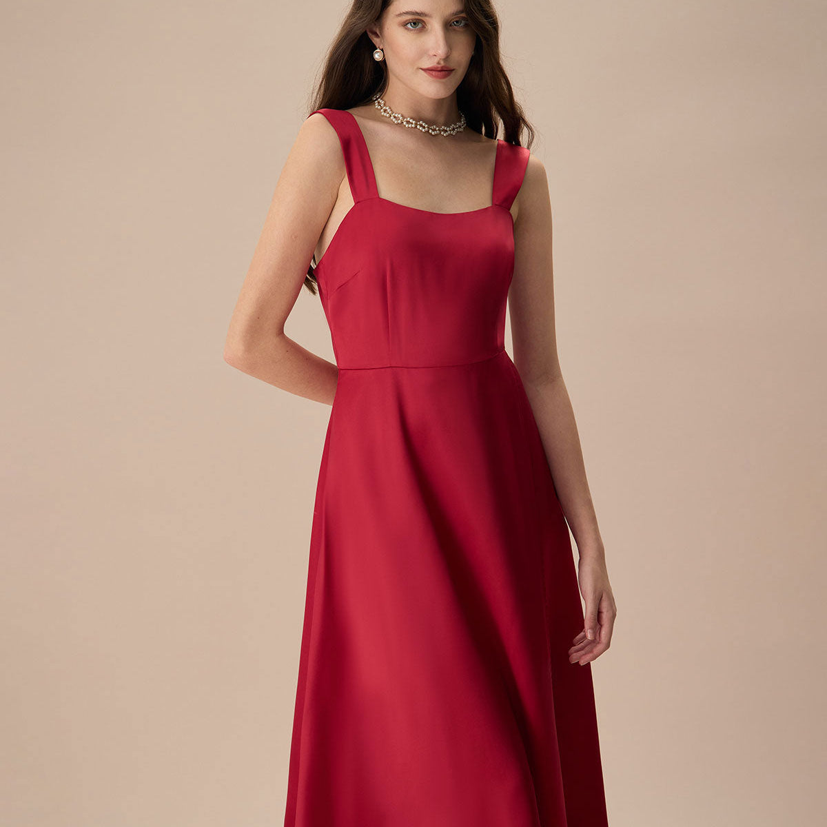 Shewess™ Kadın Kırmızı Saten Slip Midi Elbise