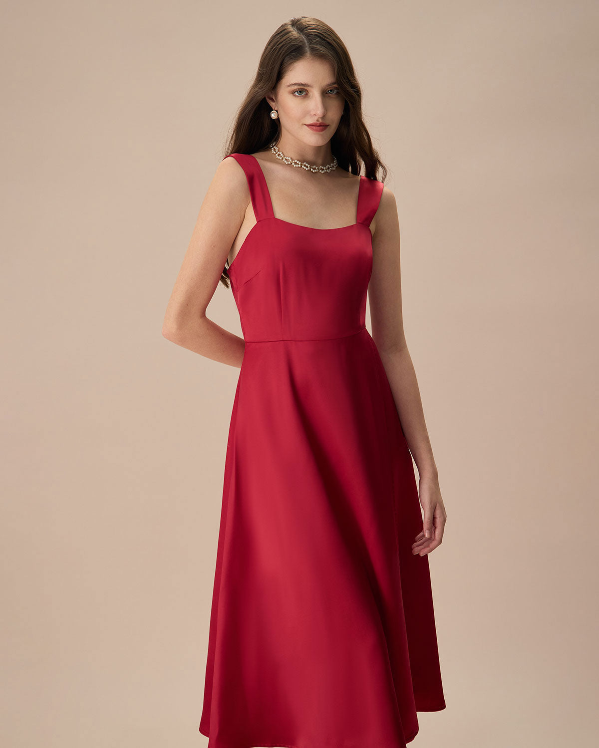 Shewess™ Kadın Kırmızı Saten Slip Midi Elbise