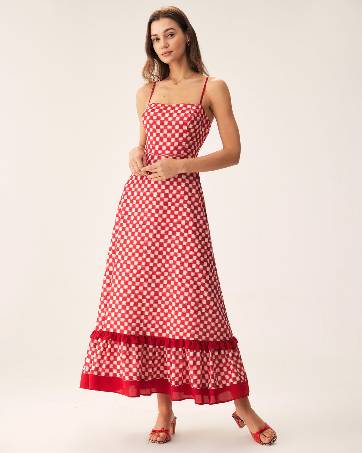 Shewess™ Kırmızı Geometrik Fırfırlı Slip Maxi Elbise