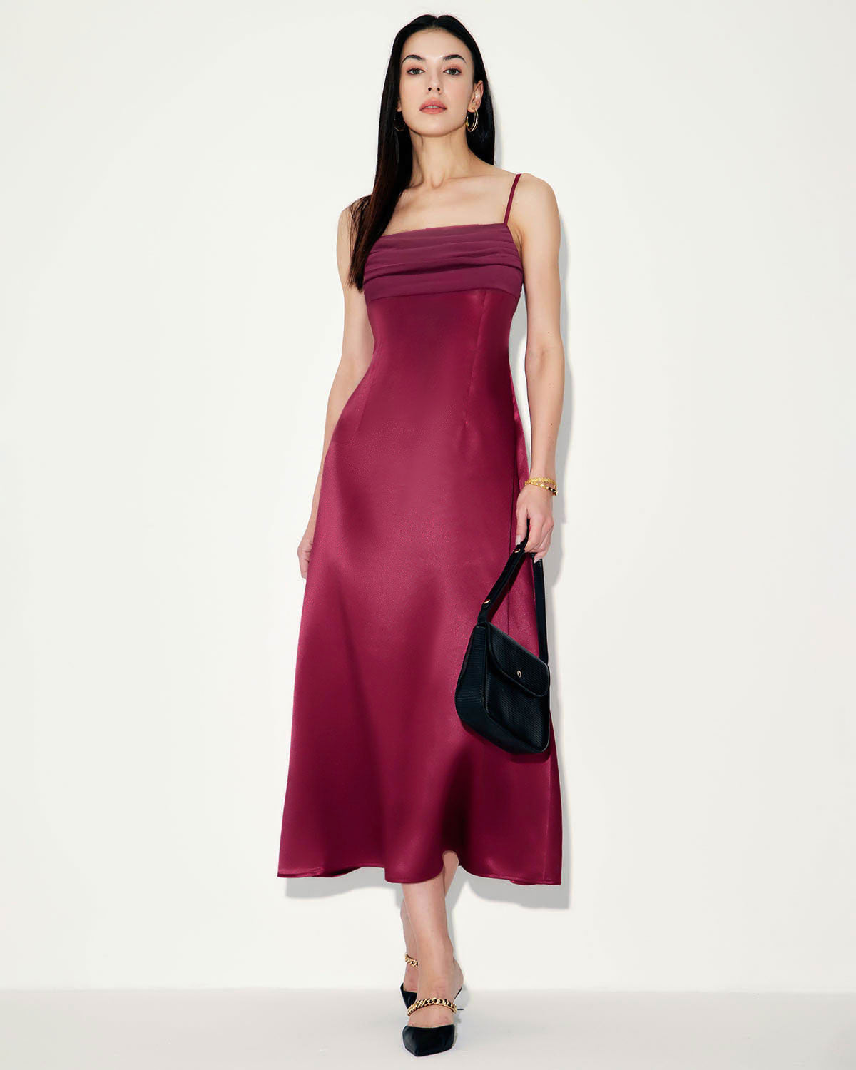 Shewess Kırmızı Saten Kare Yaka Slip Maxi Elbise