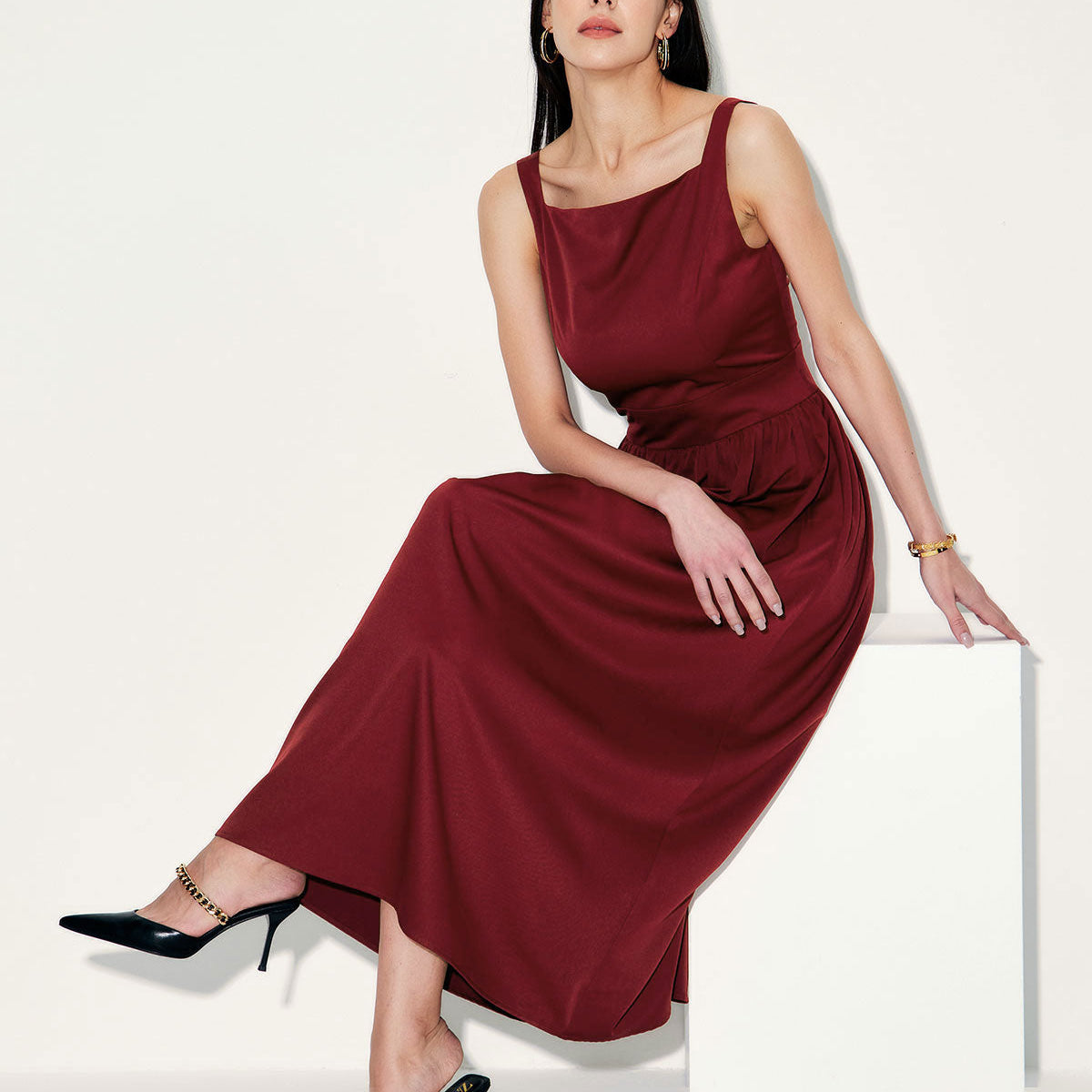Shewess™ Şarap Kırmızı Saten Slip Maxi Elbise