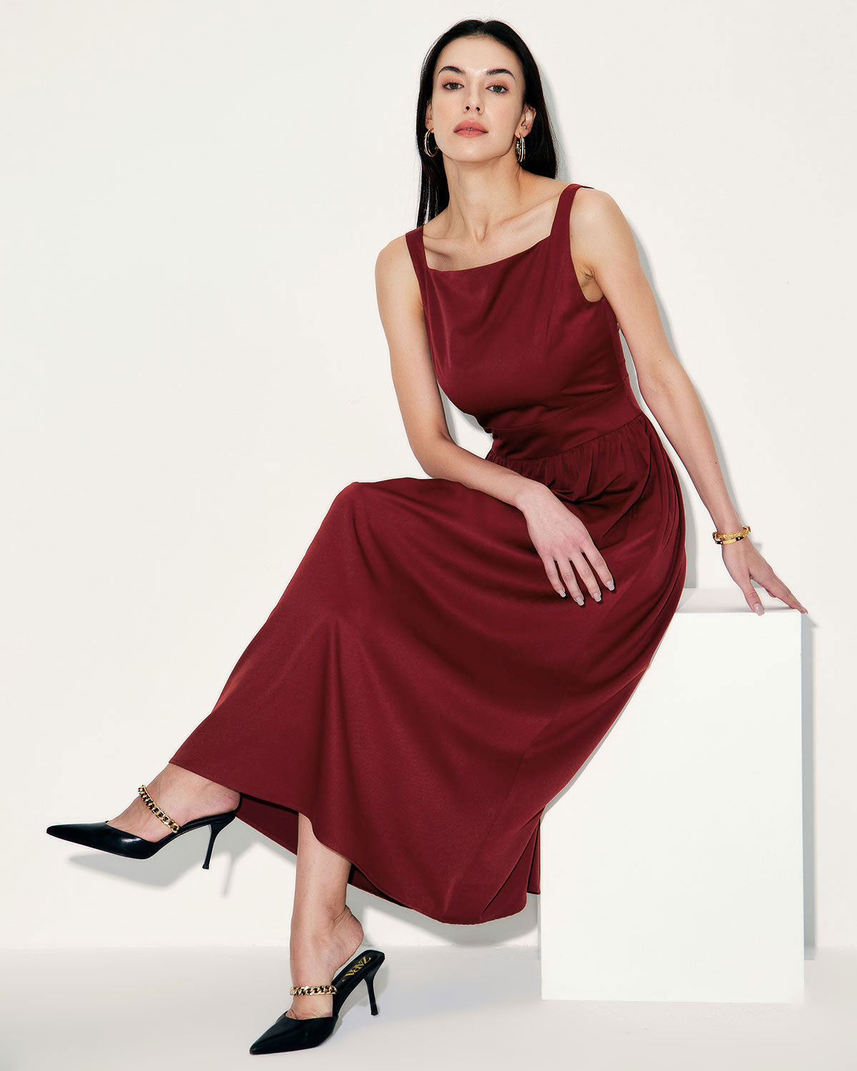 Shewess™ Şarap Kırmızı Saten Slip Maxi Elbise