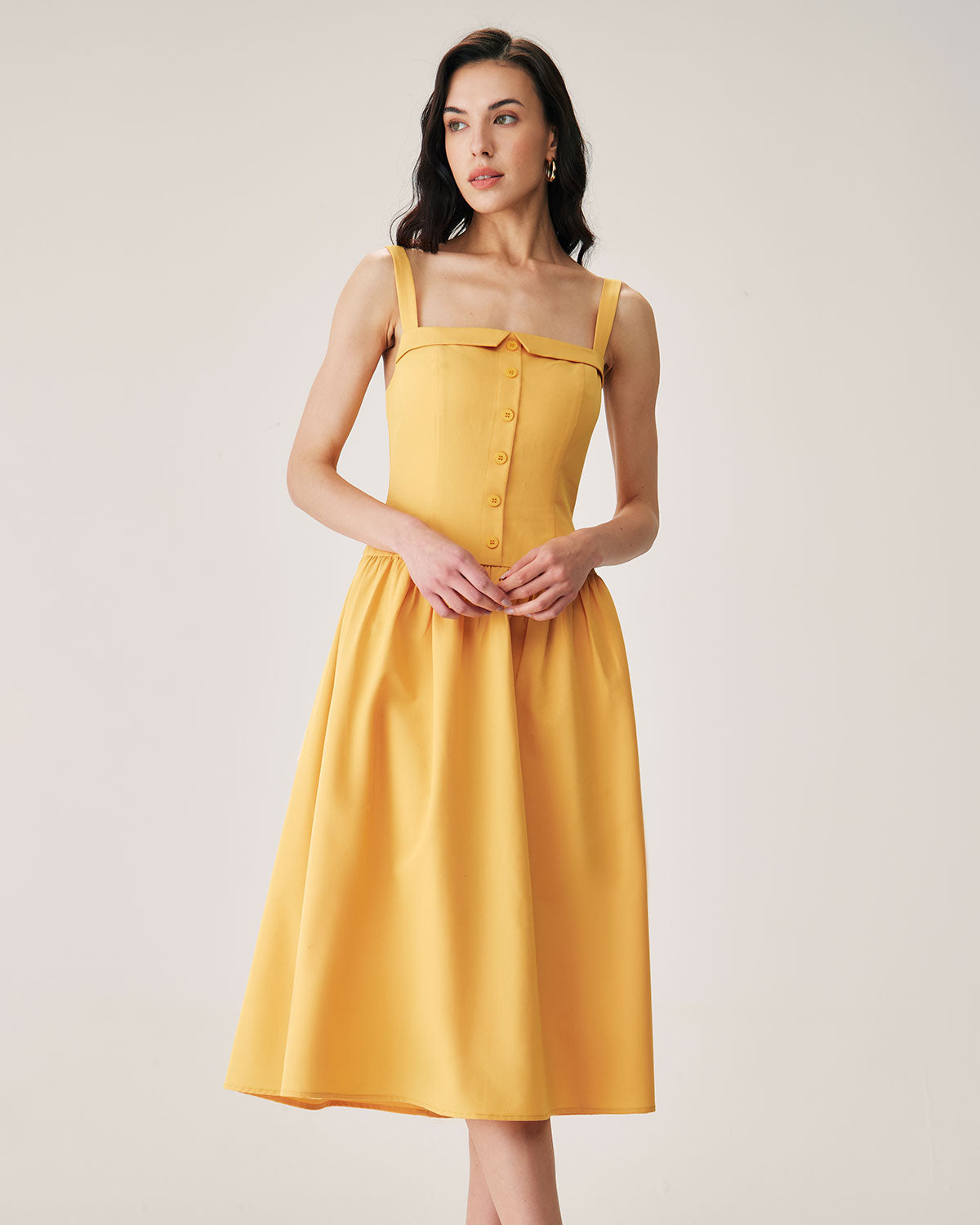 Shewess™ Sarı Düğmeli Pileli Slip Midi Elbise