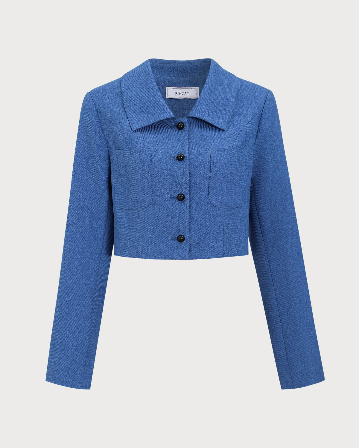 Shewess™ Mavi Tek Sıra Düğmeli Cepli Crop Ceket