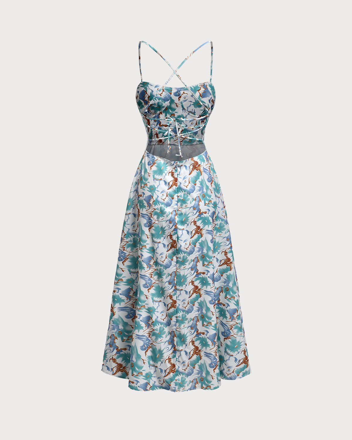 Shewess™ Yeşil Çiçekli Sırtı Açık Slip Yırtmaçlı Maxi Elbise