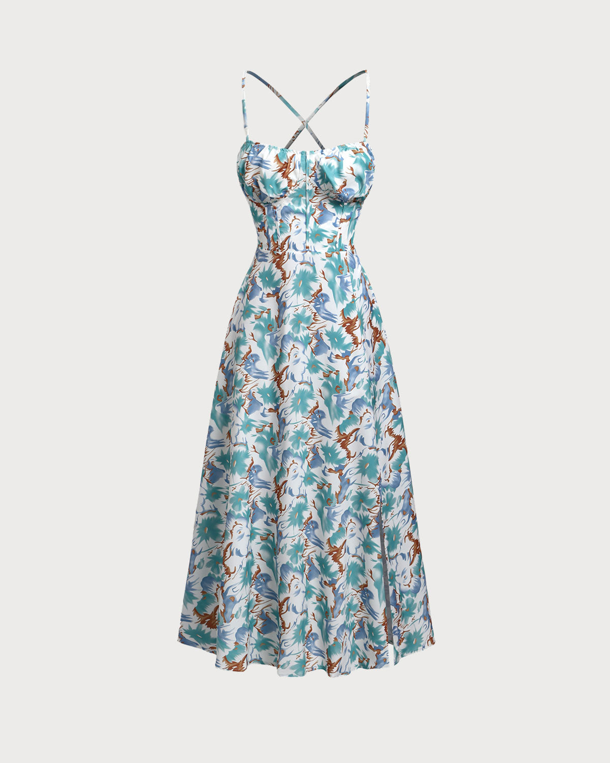 Shewess™ Yeşil Çiçekli Sırtı Açık Slip Yırtmaçlı Maxi Elbise