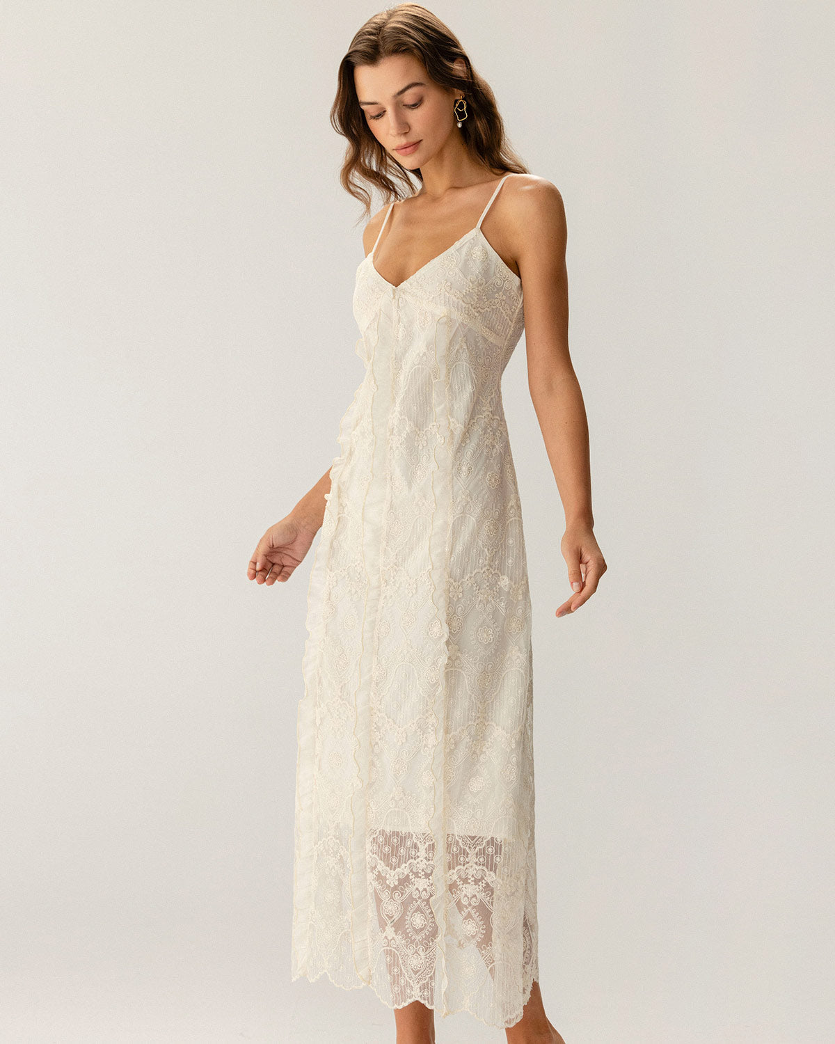 Shewess™ Kayısı Dokulu Dantel Slip Maxi Elbise