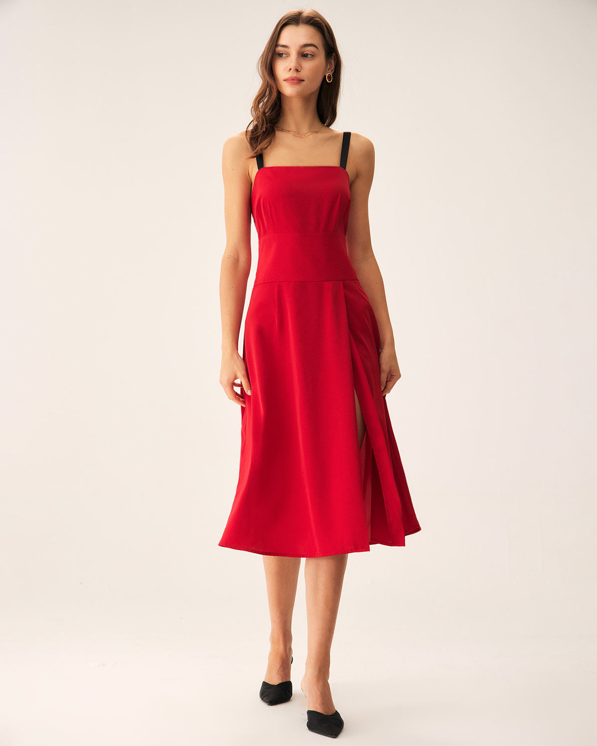 Shewess™ Kırmızı Kontrast Yırtmaçlı Slip Midi Elbise