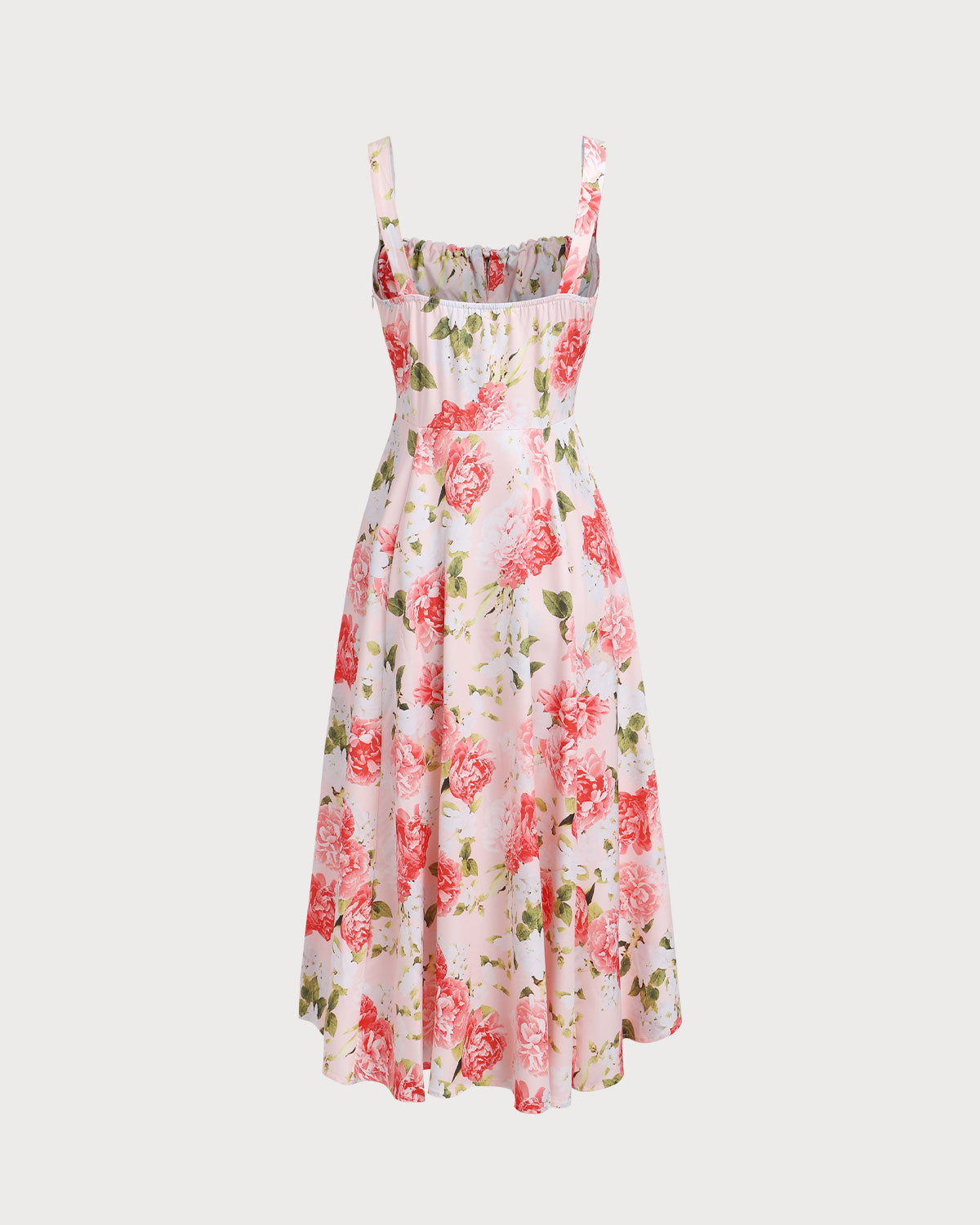 Shewess Pembe Çiçekli Kare Yaka Yırtmaçlı Slip Midi Elbise