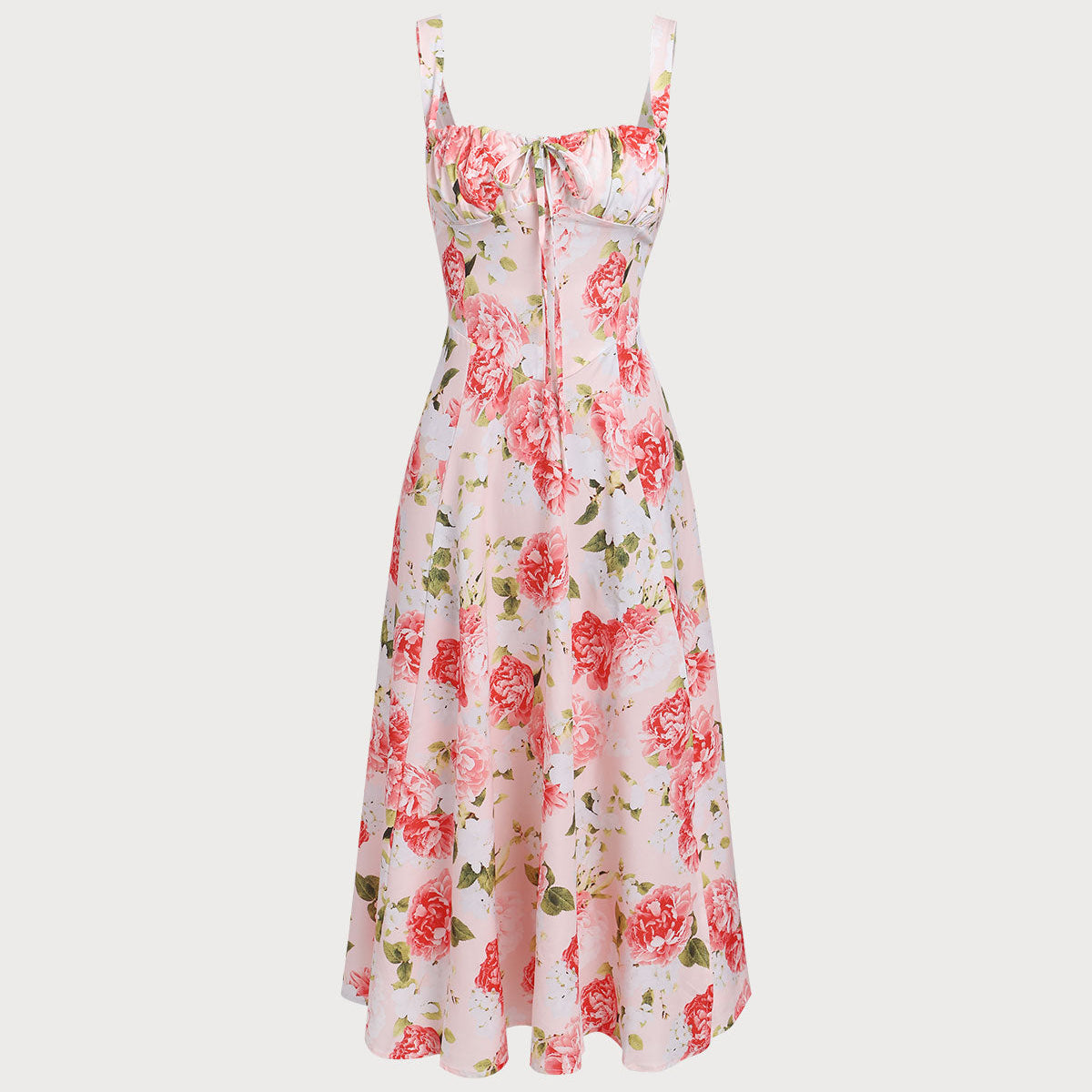 Shewess Pembe Çiçekli Kare Yaka Yırtmaçlı Slip Midi Elbise