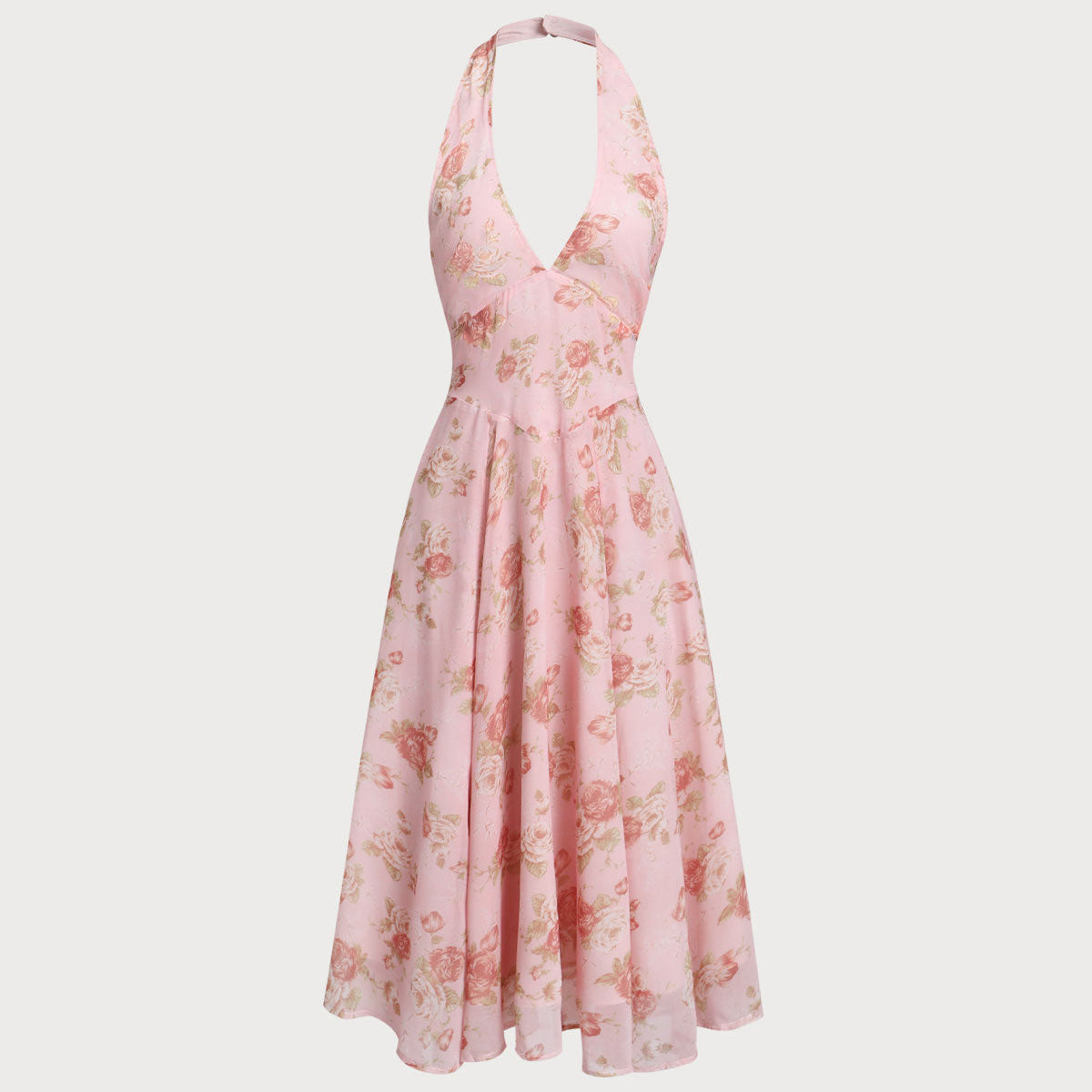 Shewess™ Pembe Çiçekli Boyundan Bağlamalı Sırtı Açık Midi Elbise