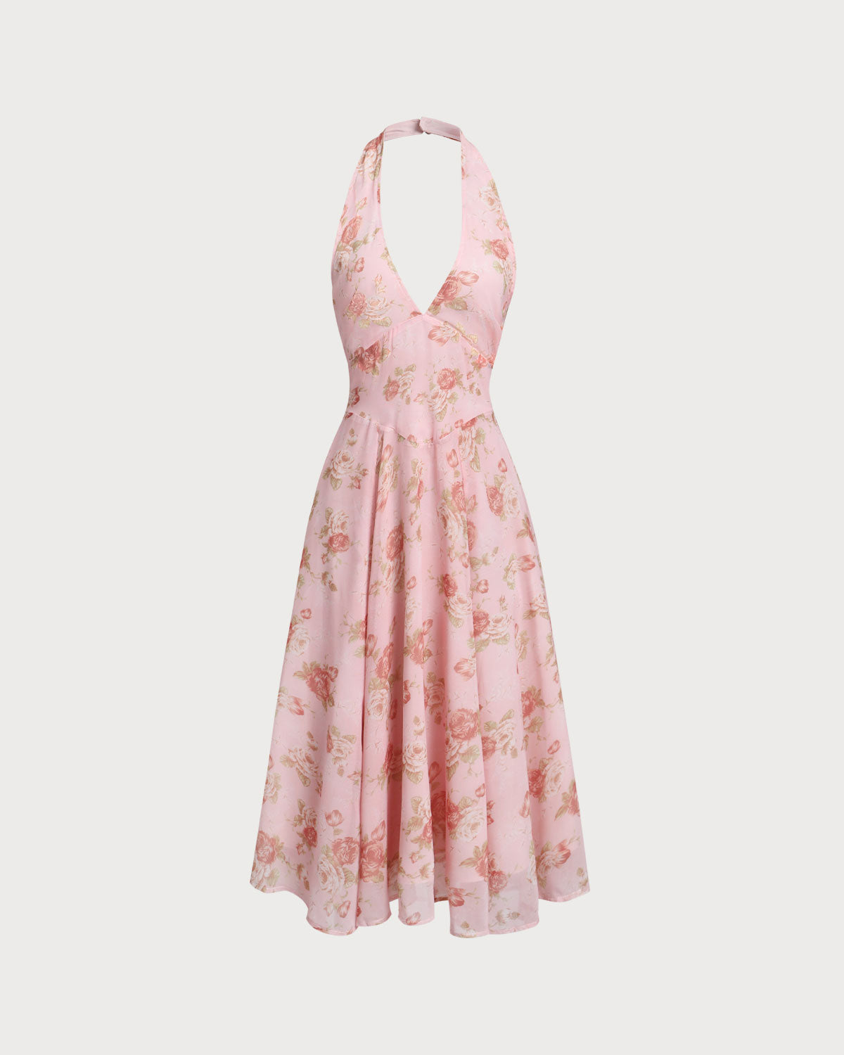Shewess™ Pembe Çiçekli Boyundan Bağlamalı Sırtı Açık Midi Elbise