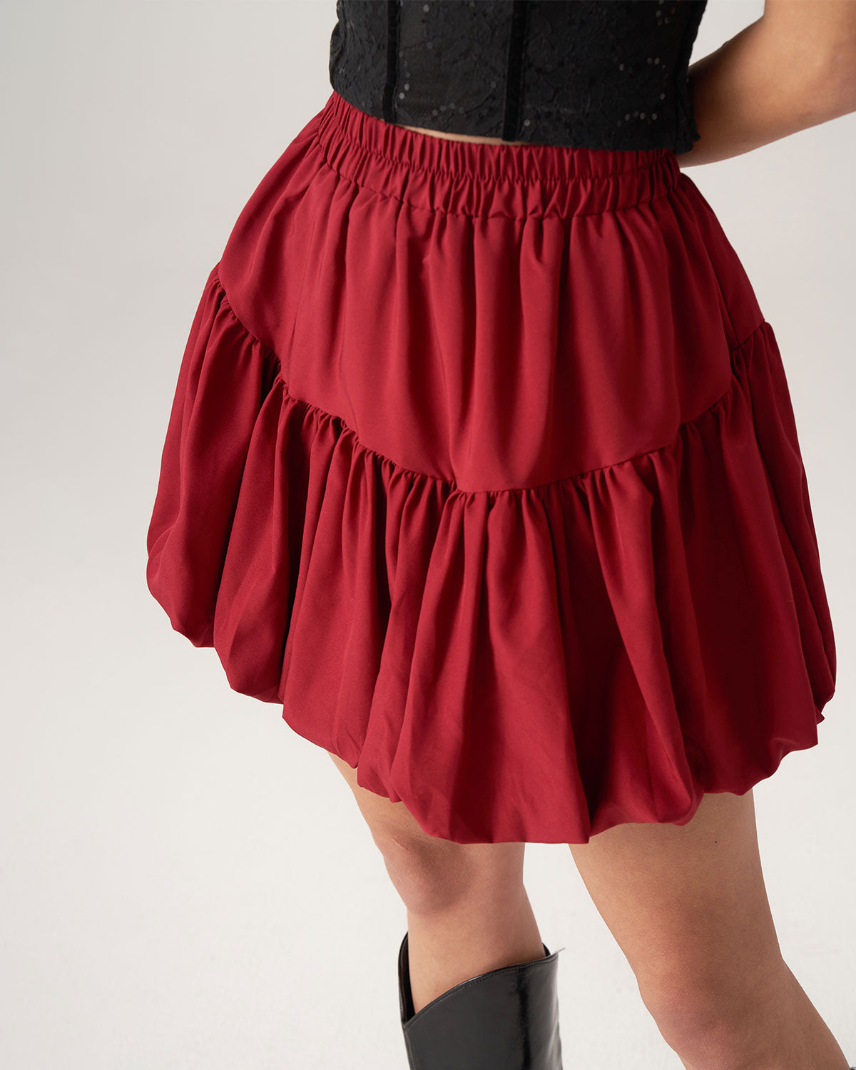 Shewess™ Bettydress-Kırmızı Beli Lastikli Baloncuklu Mini Etek