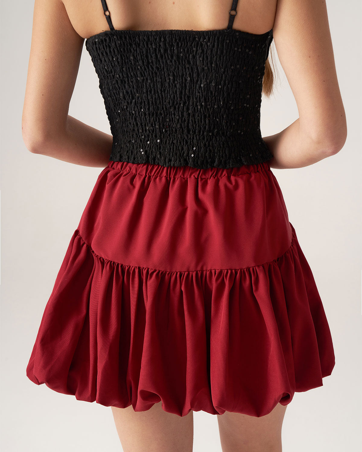 Shewess™ Bettydress-Kırmızı Beli Lastikli Baloncuklu Mini Etek
