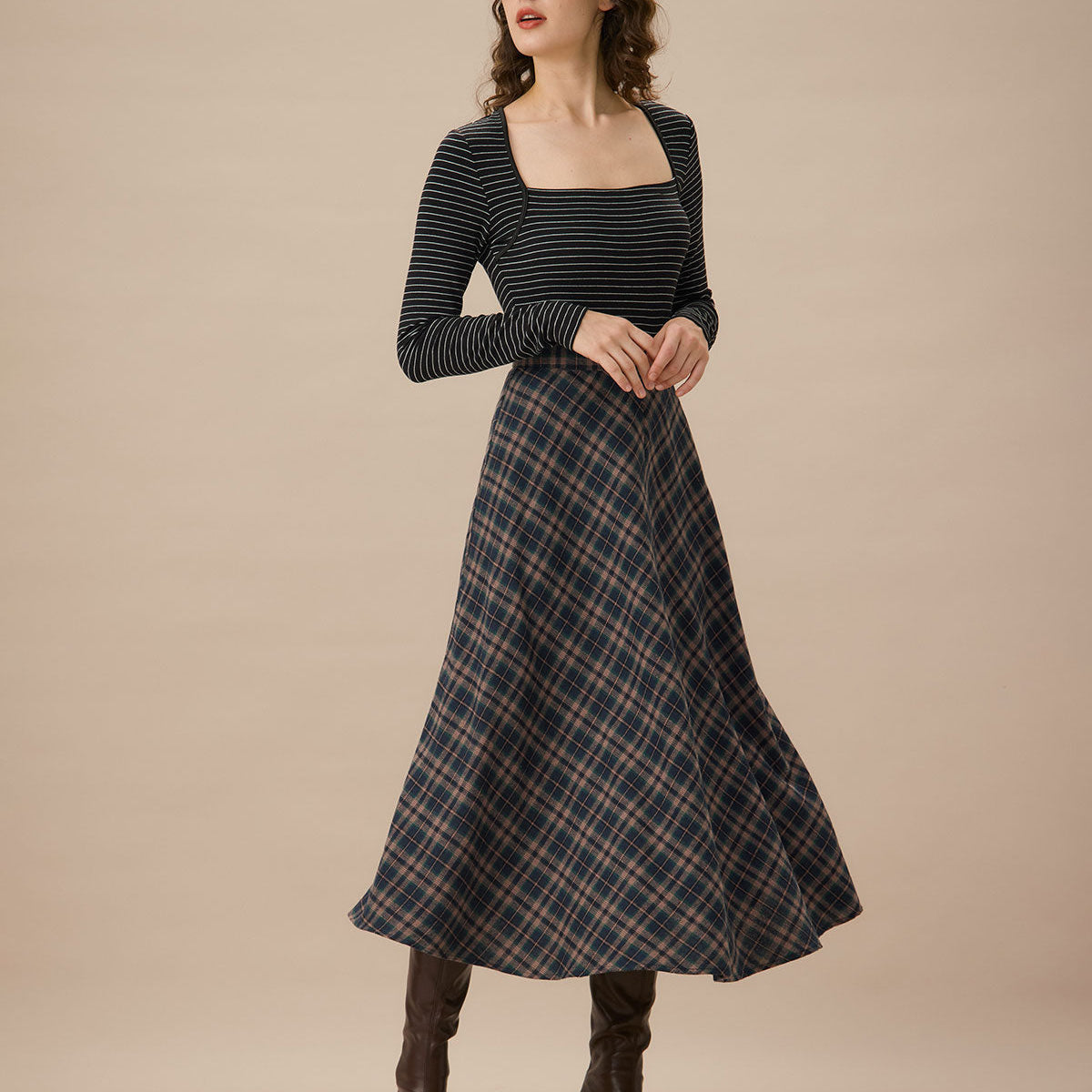 Shewess™ Lacivert Ekose Kloş Midi Etek