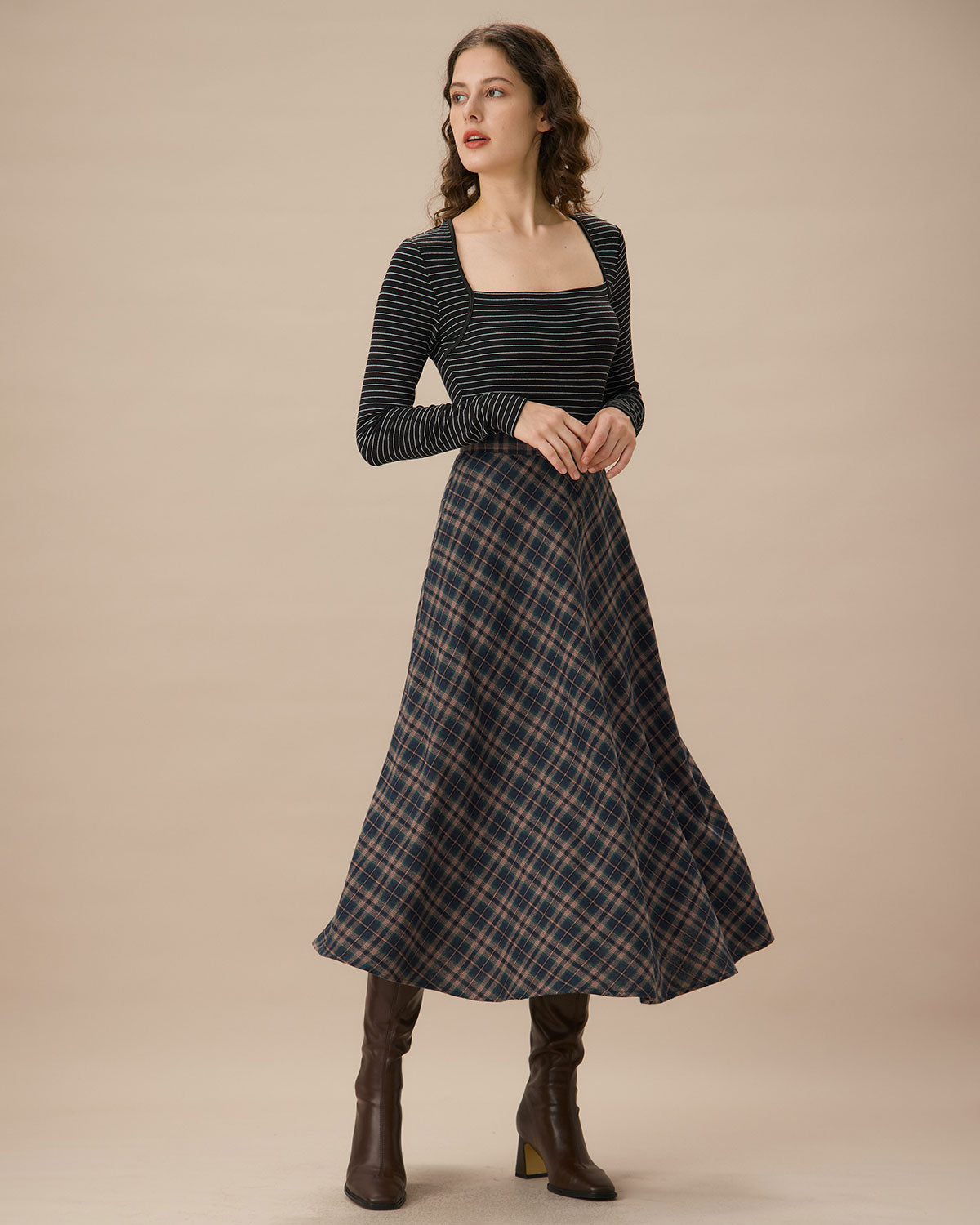 Shewess™ Lacivert Ekose Kloş Midi Etek