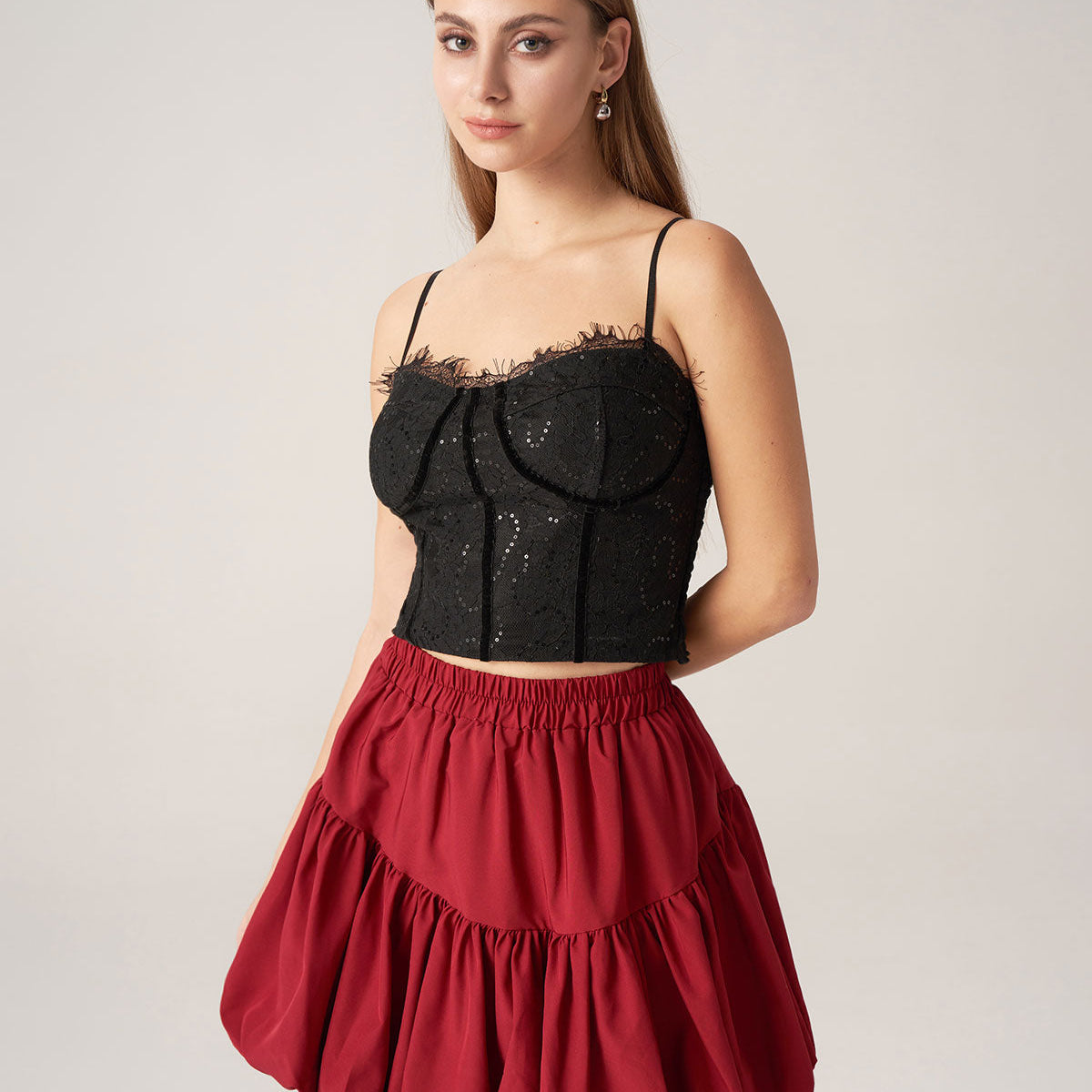 Shewess™ Bettydress-Kırmızı Beli Lastikli Baloncuklu Mini Etek