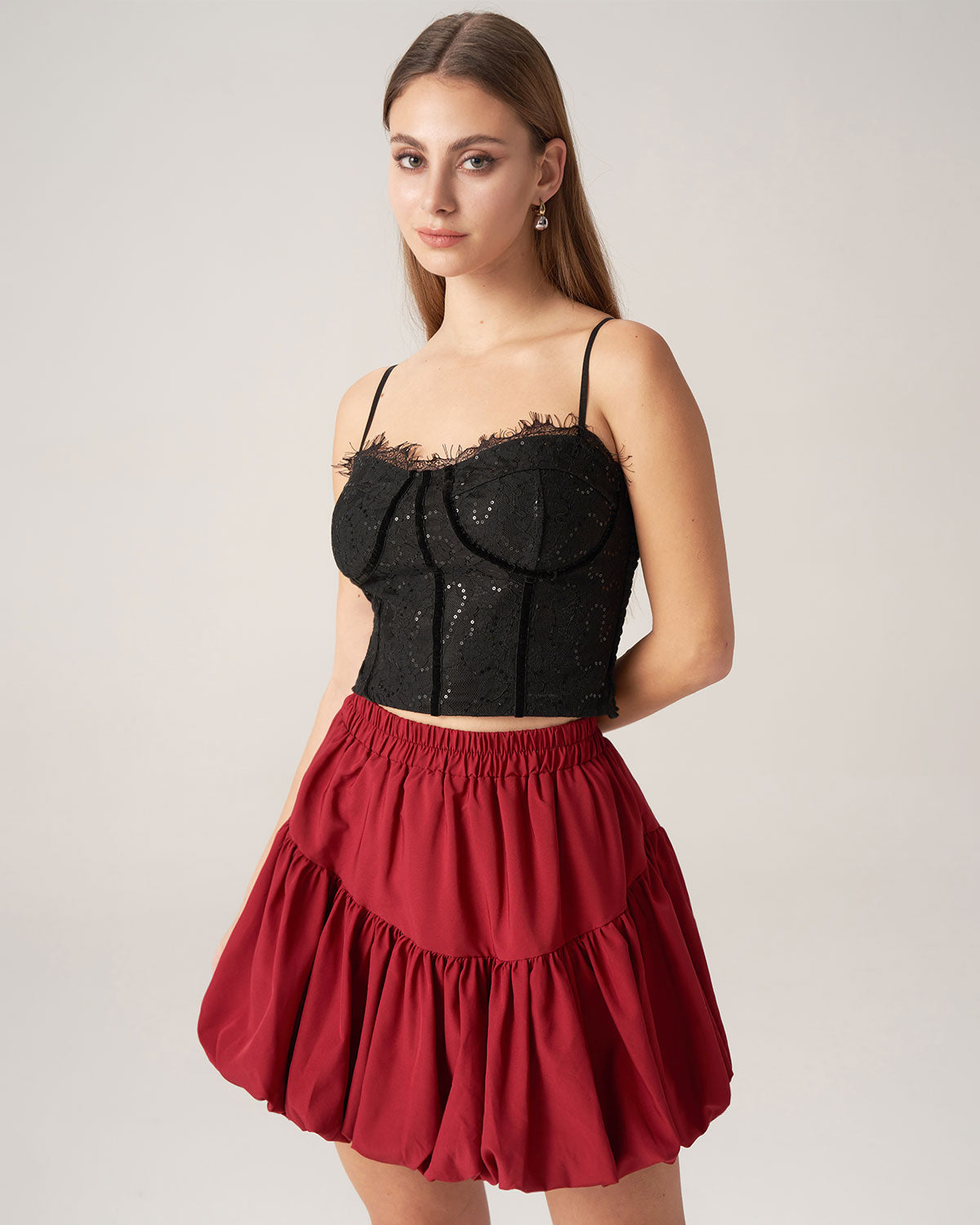 Shewess™ Bettydress-Kırmızı Beli Lastikli Baloncuklu Mini Etek